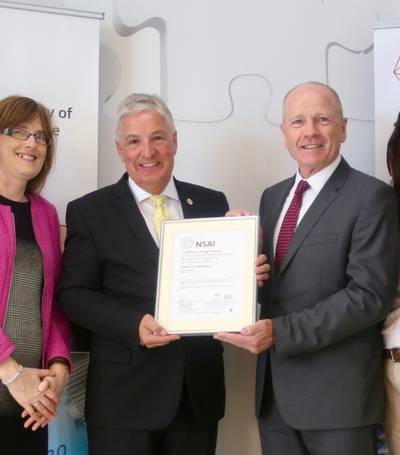 Joe O'Dwyer, Health and Safety Manager; Geraldine Larkin, NSAI CEO; Fergal O'Byrne, Head of Business Excellence at NSAI; Tommy Drumm, Managing Director; Rebecca Reilly, Quality and Environmental Manager; and David Lee, Construction Director.