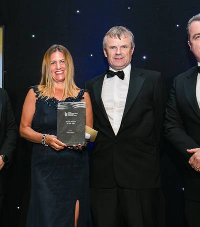 Donal Duggan (Head of Business, Audi Centre), Linda Byrne (Bunzl Cleaning & Safety Supplies), John Sweeney (Senior Contracts Manager, Collen Construction) and Donal Hennessy (Director, Collen Construction) collecting the award for Retail Project of the Year - Audi Centre.