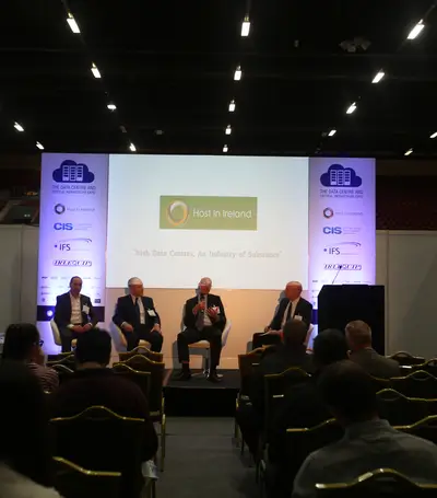 Martin Reilly (PCCW Global), Tommy Drumm (Managing Director, Collen Construction), Ivan Habovcik (Schneider Electric) and Simon Allen (Infrastructure Masons) at the Opportunties/Challenges in Dealing with Hyperscales panel discussion.