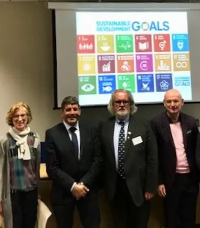 Dr. Kseniya Khovanova-Rubicondo (advisor to the Intercultural Cities programme of the Council of Europe), Christer Gustafsson (Secretary General ICOMOS ISCEC), Grainne Shaffrey (President ICOMOS Ireland), Andrew Doyle TD (Minster of State for Food, Forestry and Horticulture) and Peter Cox (President ISCES+CC & NSCES+CC), Dr Claus-Peter Echter (Secretary General ICOMOS ISC CIVVIH), Dr. Ayse Ege Yildrim (ICOMOS Focal Point for the UN SDGs), Andrew Potts (ICOMOS Working Group Coordinator) and Christophe Rivet (President ICOMOS Canada).